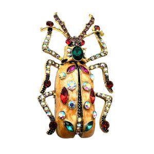 Bug Beetle Brooch Pin Orange Enamel Multicolor Rhinestone Gold Tone Statement